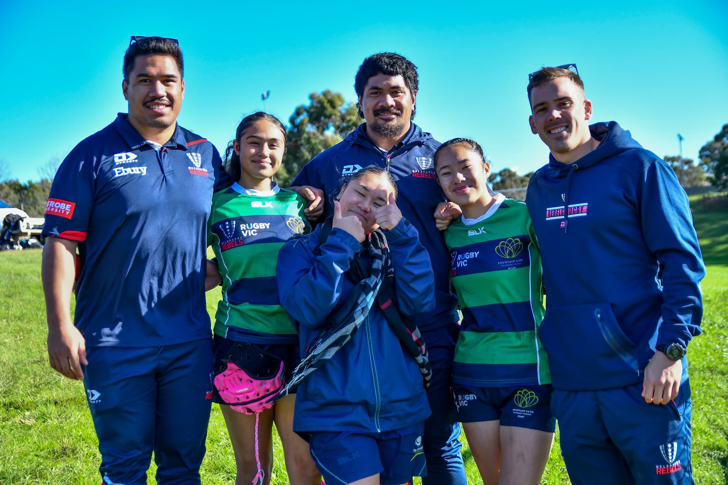 Fountain Gate and The Grange players Julliana Kolio, Dhillon Baker, Eboni Heurea with Melbourne Rebels. 