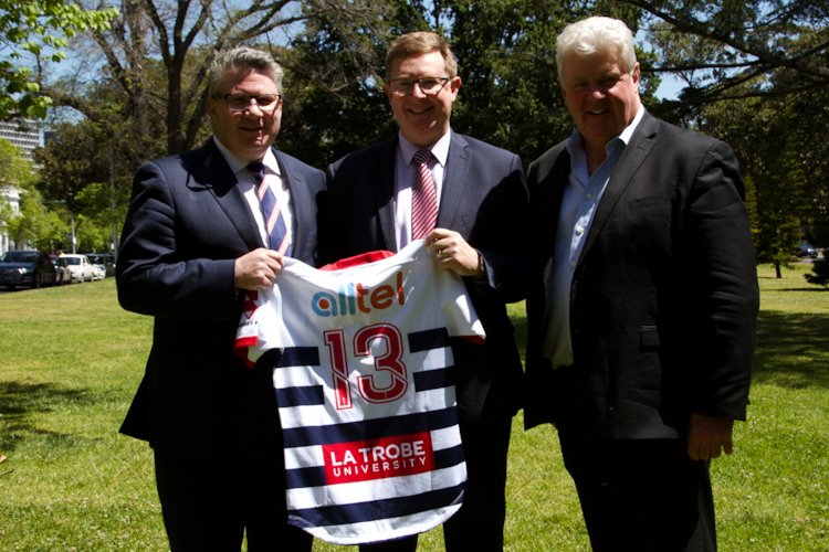 (L-R) Melbourne Rebels Chairman, Paul Docherty with Alltel CEO, Lance Blackbeard and Rugby Victoria President, Tim North